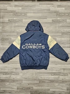 Vintage 90's Dallas Cowboys Logo 7 Blue NFL Hooded Puffer Jacket Coat Size Large - Picture 1 of 16