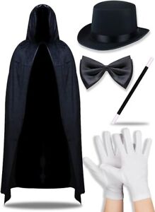 Unisex Adults Magician 5 Piece Fancy Dress Set Cape, Hat, Wand, Bowtie, Gloves