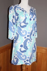 Women's Boden Shift Tunic Dress 100% Linen Print 3/4 Sleeve White Blue Size 2P - Picture 1 of 12