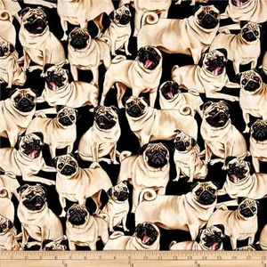 Fabric Dogs Pug on Black Timeless Treasures Cotton 1/4 Yard 2488 - Picture 1 of 9