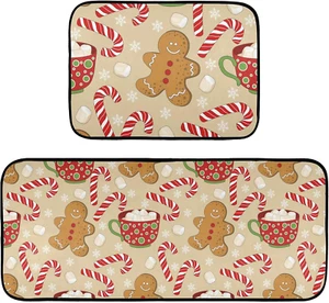 Christmas Gingerbread Man Kitchen Mat Set of 2 Winter Cane Candy Kitchen Rugs 2 - Picture 1 of 7
