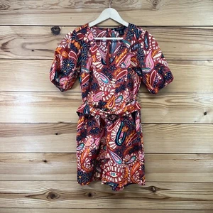 Rachel Zoe Romper Jumpsuit Shorts Small Orange Pink Floral Paisley Belted B154 - Picture 1 of 20