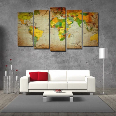 World Map Set Of 5 Pcs Puzzle Thin Canvas Poster Art Home Bar Wall Decor 03 - Image 1 of 4