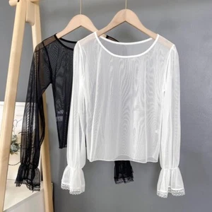 Damen transparente Netz Tops T-Shirt Bluse Lolita ausgestellte Ärmel Rundhalsausschnitt Freizeit - Bild 1 von 10
