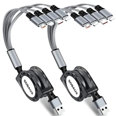 2 Pack Retractable 4 In 1 Multiple USB Charging Cord for iPhone Android - Image 1 of 4