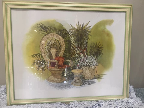 RARE.. David Solomon Vintage BOHO Peacock Wicker Chair Plants Framed Print Cover