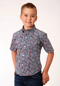 Roper Boys Kids Wine 100% Cotton Liberty Paisley BD S/S Btn Shirt L - Picture 1 of 4