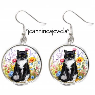 Esmoquin Gato Acuarela Flores Silvestres Pendientes Plata Dije Cuelga Gato Mamá Regalo Foto 1 de 4