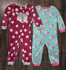 2 Carter's Girls Toddler Fleece Pajamas Pjs 4T - Unicorn Green, Deer Pink - Picture 1 of 9