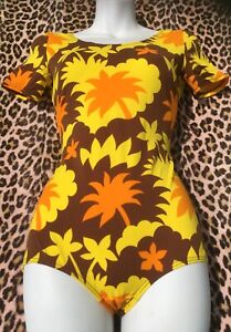 FRENCH PIN-UP 1960s BODYSUIT SWIMSUIT~ PALM TREE PRINT~MADE IN FRANCE~UNWORN~S/M