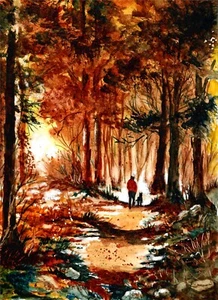 Mensch und Hund im Wald, Waldkunst, sonnenbeschienene Wälder, Waldweg, Landschaftskunst - Bild 1 von 1