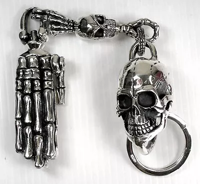 BIG SKULL 925 STERLING SILVER KEYCHAIN WALLET BELT HOLDER MENS BIKER NEW HEAVY - Image 1 of 4