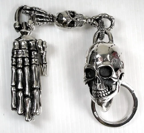 BIG SKULL 925 STERLING SILVER KEYCHAIN WALLET BELT HOLDER MENS BIKER NEW HEAVY - Image 1 of 4