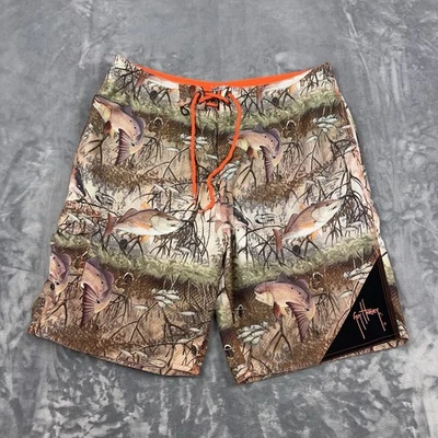 Bermuda de natação Guy Harvey By Aftco tamanho 34 camuflagem peixe bolsos - Imagem 1 de 4