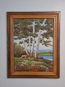 Embroidered 3D Puffy Outdoor Scene Trees Flowers Water Framed Art - Picture 1 of 15