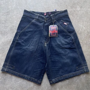 Y2K Mekka bestickte lange Jeansshorts Größe 32 Deadstock Vintage Baggy Jorts - Bild 1 von 8