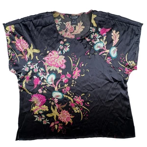 Citron Santa Monica Shirt Womens OX Black Pink Silk Floral Asian Knot Button Top - Picture 1 of 15