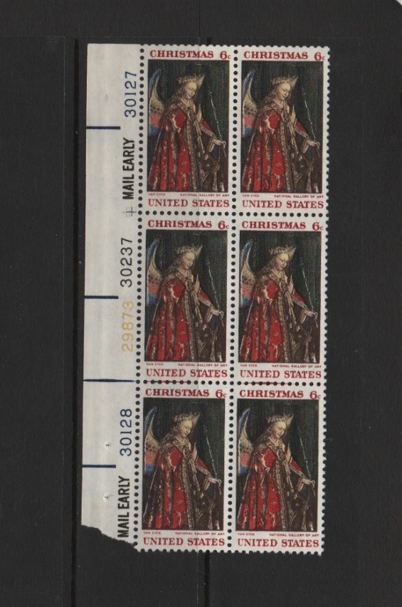 U.S. 1968 Christmas 6 cent Mint MNH 6-stamp Plate Line Block Scott # 1363 .. - Image 1 of 1