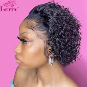 13X1 Peluca frontal de encaje corte pixie Pelucas cortas rizadas cabello humano prearrizadas para mujer - Imagen 1 de 11