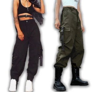 Women High Waist Baggy Cargo Pants Multi Pockets Hip Hop Solid Jogger Trousers - Picture 1 of 14