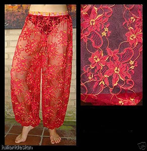 Harem Pantalones Danza del Vientre Encaje Rojo w / Patrón Floral Dorado - Imagen 1 de 1