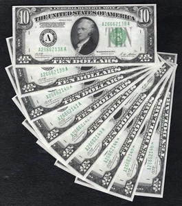 (9) CONSECUTIVE FR. 2002-A 1928-B $10 FRN FEDERAL RESERVE NOTES BOSTON, MA UNC - Picture 1 of 2