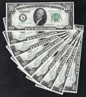 (9) CONSECUTIVE FR. 2002-A 1928-B $10 FRN FEDERAL RESERVE NOTES BOSTON, MA UNC - Image 1 of 2
