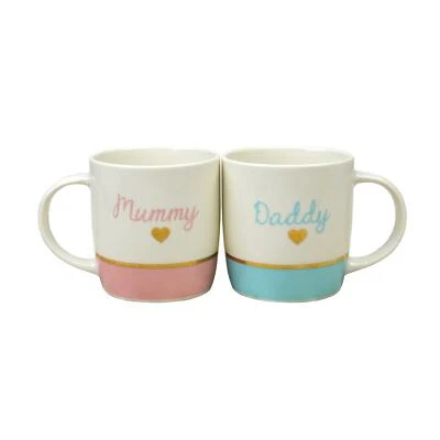 YÖL Mummy & Daddy Mug Set Gift New Parents Pink Blue Gold Foil Design Baby Shower