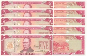 LOT, Liberia 5 Dollars (2003) p26a x 5 PCS UNC - Picture 1 of 4