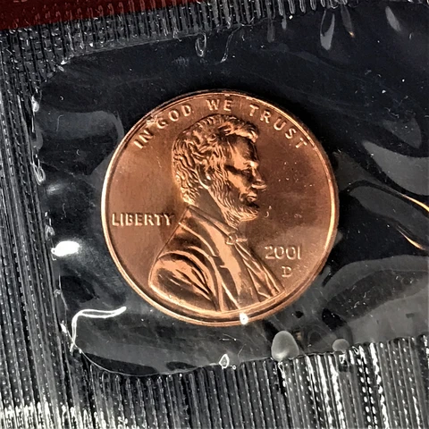 2001 D Lincoln Cent Penny Brilliant Uncirulated from Sealed Mint Set in Cello BU Cover