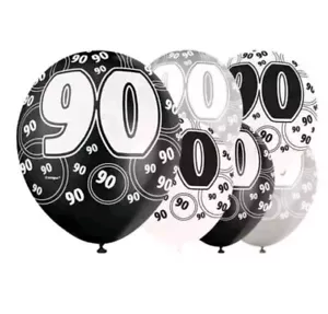 6 Assorted Black Glitz 90th Birthday Biodegradable Latex Party Balloons 30cm - Picture 1 of 1