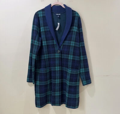 LANDS END Sweater Cardigan Womens S Green Navy Black watch Plaid Retro Holiday - Image 1 of 4