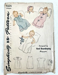 Vintage ©1947 Infants Layette Simplicity 4324 Wrapper Slip Dress Bonnet Pattern - Picture 1 of 12