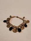 Vintage Gold Tone Coin Style Charm Bracelet 7" Balls And Faux Onyx Ovel Shaped