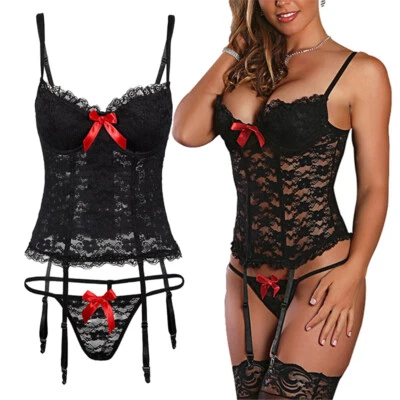 Women Sexy Lingerie Garter Belts Set Sleepwear Underwear Lace Nightwear G-String - Image 1 of 4