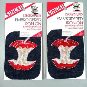 Vintage Singer Designer Embroidered Denim Apple Core Iron On Patch Fruit Teacher - Picture 1 of 4