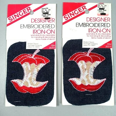 Vintage Singer Designer Embroidered Denim Apple Core Iron On Patch Fruit Teacher - Image 1 of 4