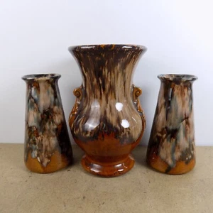 3pc Brush McCoy Brown Drip Vases 742 & 746 Vintage Art Pottery circa 1930 - Picture 1 of 5