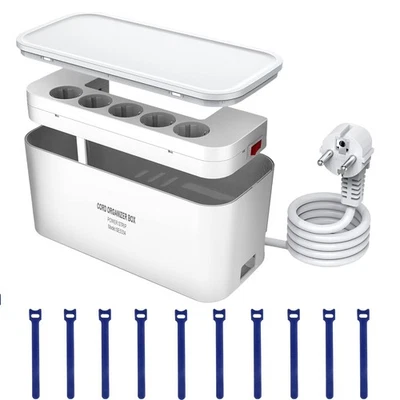 Weiß Kabelbox mit 5 Steckdosen | 3 USB | 2M Kabel | Schreibtisch Organizer - Bild 1 von 4