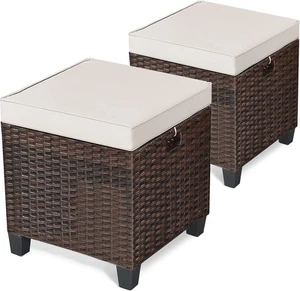 2-Piece Rattan Patio Ottoman, All Weather Wicker Ottoman W/Removable Cushion & S - Picture 1 of 9