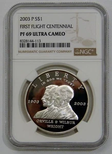2003 P - First Flight Proof Commemorative Silver Dollar - NGC PF 69 UC - Foto 1 di 2