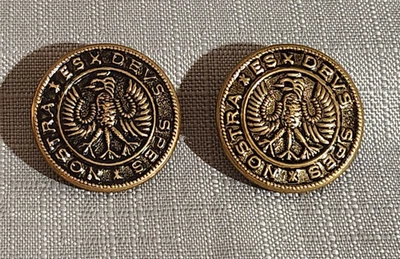 Vintage Hessian Soldier ES DEVS SPES NOSTRA Round Metal Shank Buttons 1.225" - Image 1 of 2
