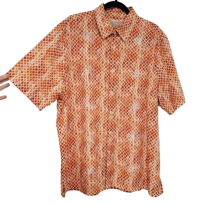 Camisa vintage de seda con botones para hombre XL naranja palmera hawaiana bordada Vacay Foto 1 de 4