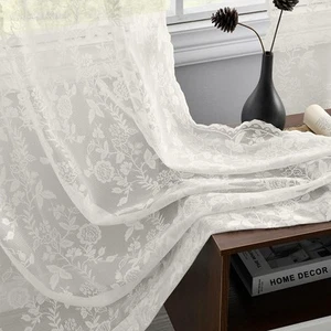 Lace Curtains 84 Inches Long - Rustic Branch Leaf Floral Patterned Ivory Lace... - Picture 1 of 7