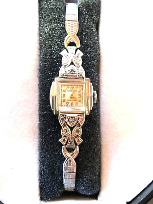 Art Deco Gruen Veri Thin Switzerland Damen Uhr 10 K Gold Filled Weißgold 2 Diama - Bild 1 von 4