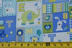 By 1/2 Yd, Blue Green & Yellow Baby Animals & Alphabet Patches on Flannel, A534 - Picture 1 of 7