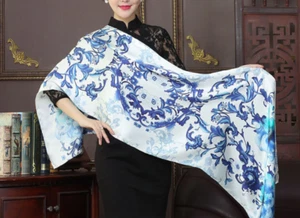 100% Silk Scarf Satin Women neckerchief long Shawl Wrap floral blue navy MY1 - Picture 1 of 5