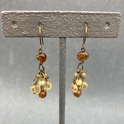 Dangle Pierced Earrings Bronze Translucent Brown Amber Pearl Organic Retro Boho - Image 1 of 4