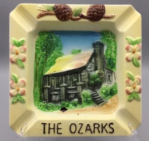 The Ozarks Ashtray Dish Ceramic Souvenir Yellow Flowers with House Pine Nice - Picture 1 of 9