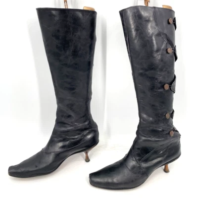 Cydwoq Mujer 38/7 Negro Cuero Botón Vintage Sólido EE. UU. Tacón Botas Altas Foto 1 de 4